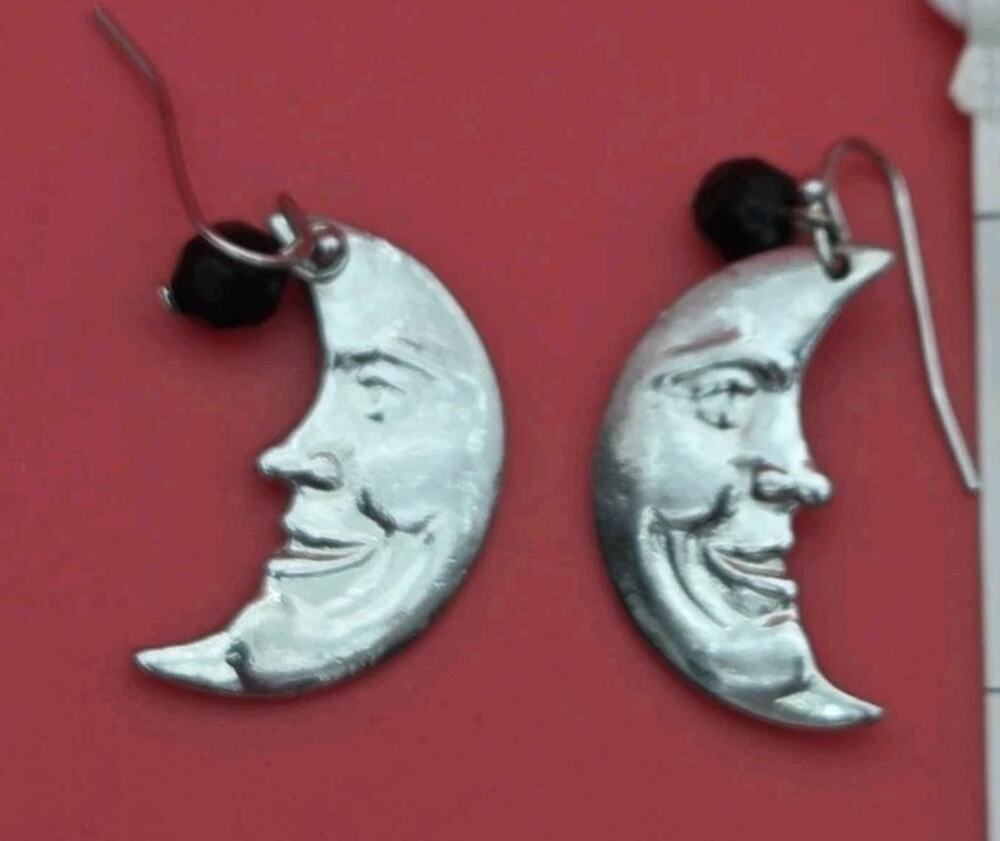 Moon Face Drop Earrings Silver Tone Celestial Jewelry Black Bead Accent